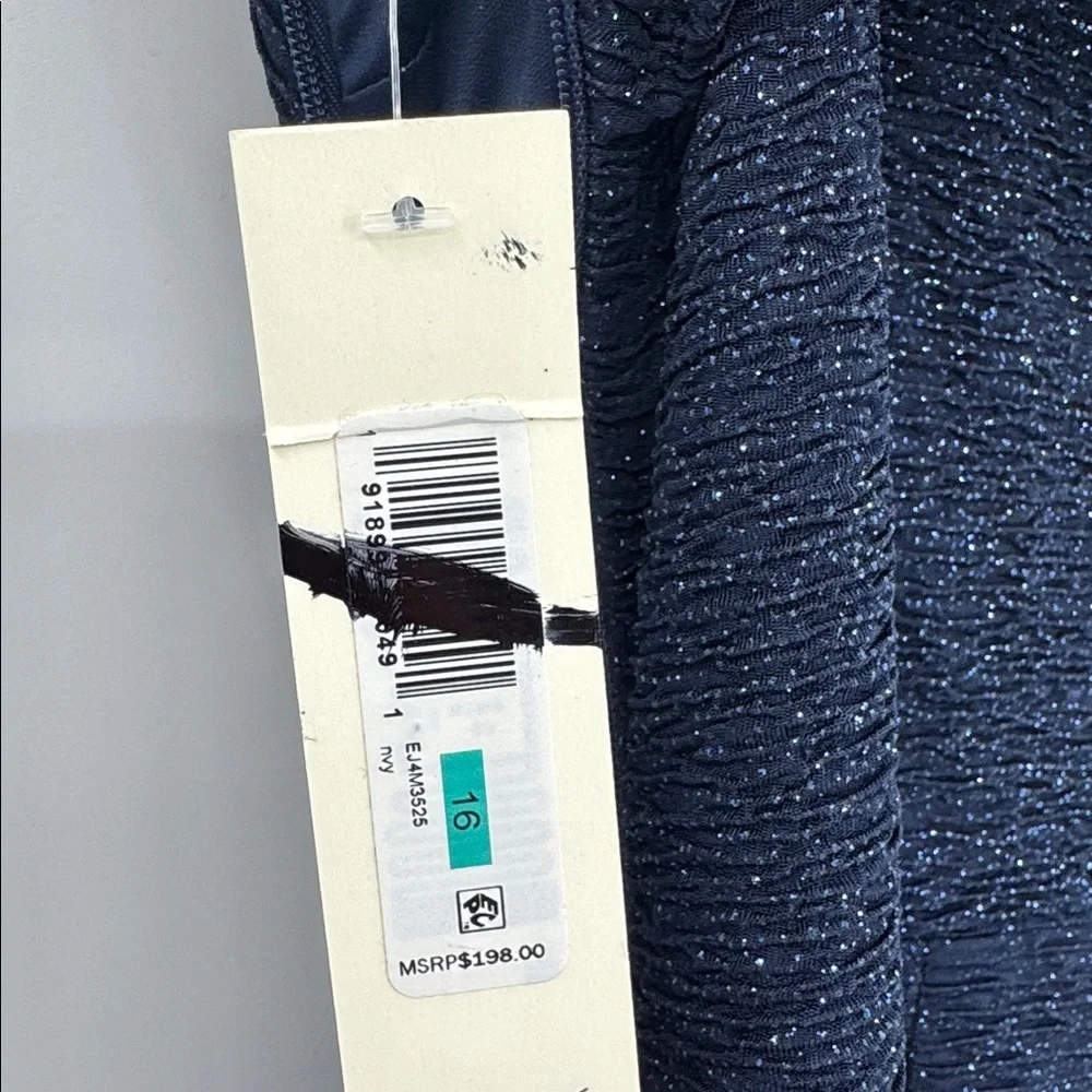 Eliza J Navy Blue Metallic Off The Shoulder Elegant Formal NWT Gown Size 16 - Picture 9 of 12